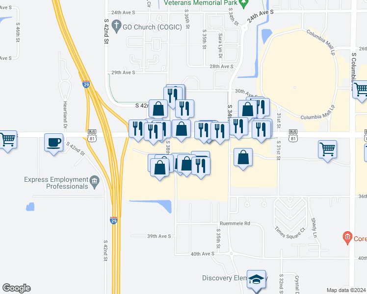map of restaurants, bars, coffee shops, grocery stores, and more near 3751 32nd Avenue South in Grand Forks