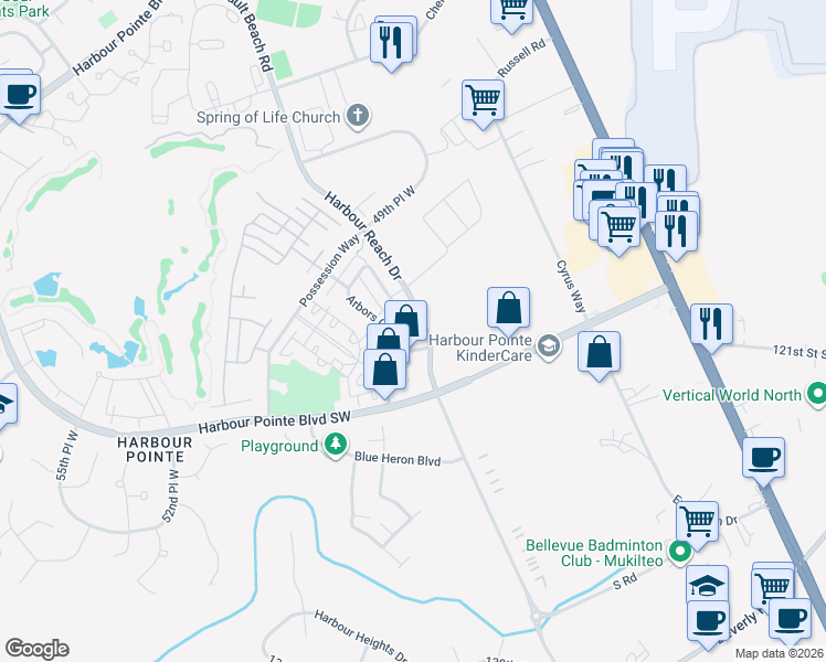 map of restaurants, bars, coffee shops, grocery stores, and more near 12095 Arbors Lane in Mukilteo