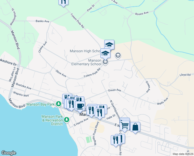map of restaurants, bars, coffee shops, grocery stores, and more near 830 Totem Pole Road in Manson
