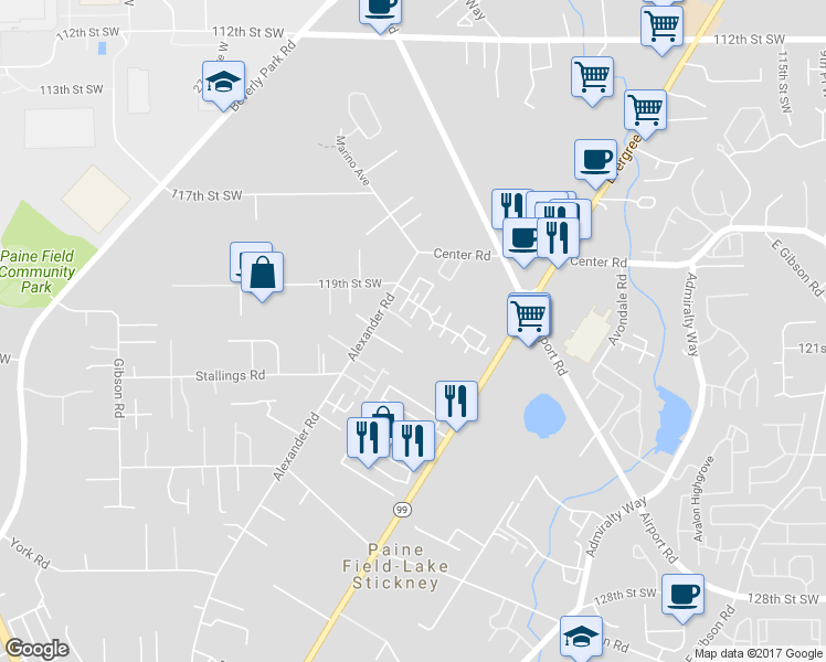map of restaurants, bars, coffee shops, grocery stores, and more near 11925 Alexander Road in Everett
