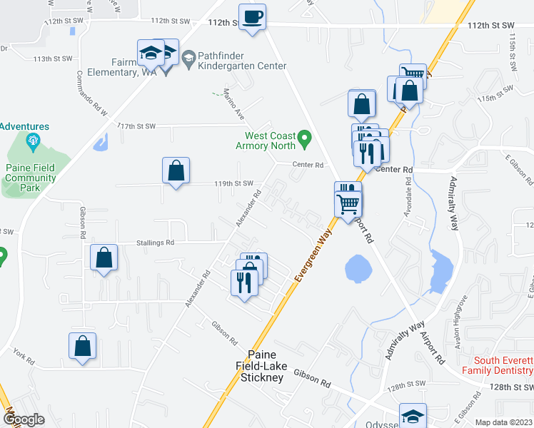 map of restaurants, bars, coffee shops, grocery stores, and more near 11929 Alexander Road in Everett
