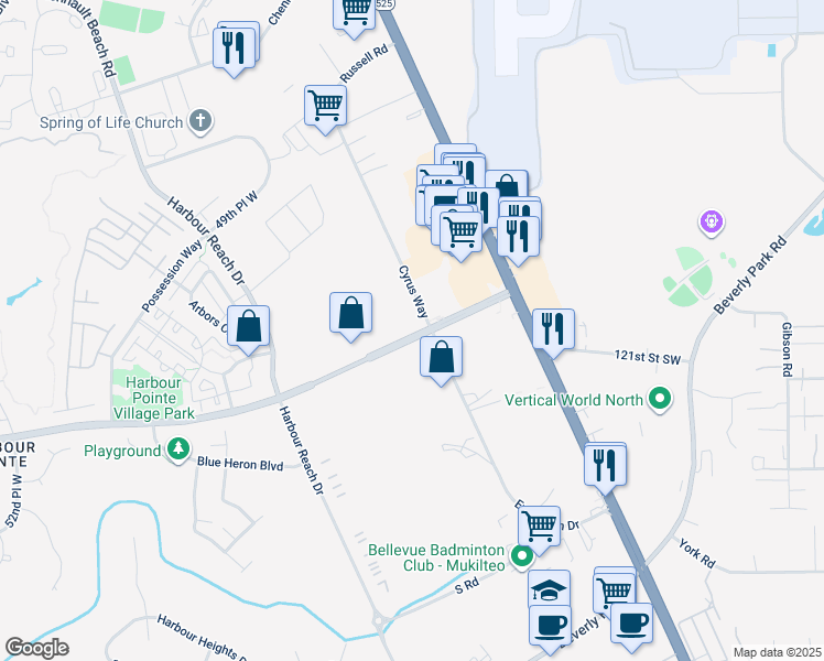 map of restaurants, bars, coffee shops, grocery stores, and more near 11930 Cyrus Way in Mukilteo