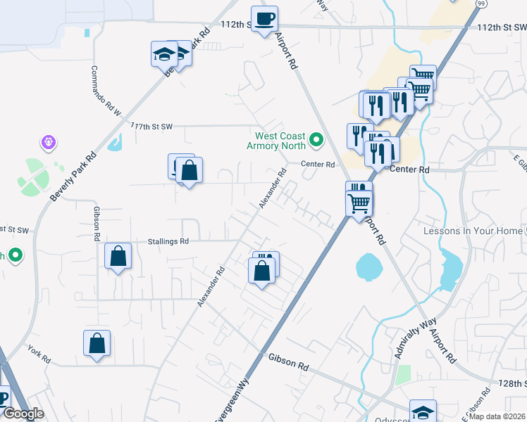 map of restaurants, bars, coffee shops, grocery stores, and more near 12017 Alexander Road in Everett
