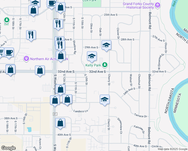 map of restaurants, bars, coffee shops, grocery stores, and more near 905 32nd Avenue South in Grand Forks