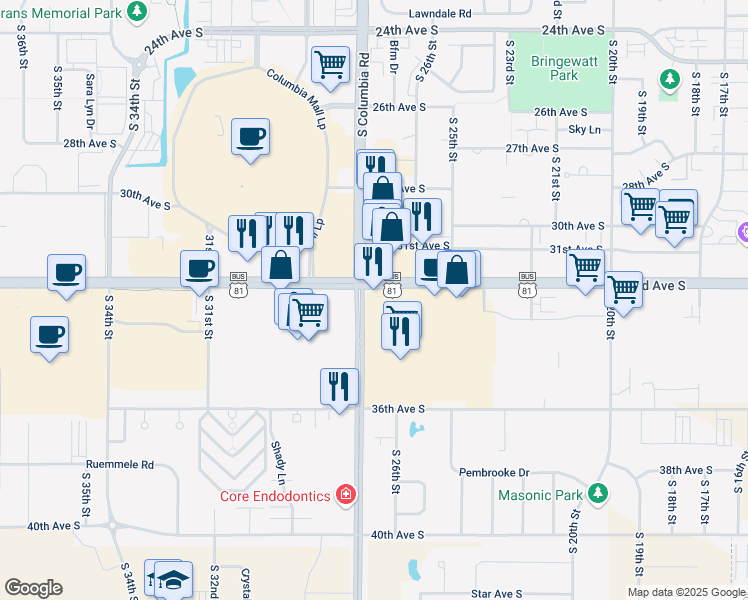 map of restaurants, bars, coffee shops, grocery stores, and more near 3201-3363 S Columbia Rd in Grand Forks