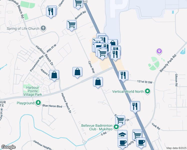 map of restaurants, bars, coffee shops, grocery stores, and more near 11930 Cyrus Way in Mukilteo