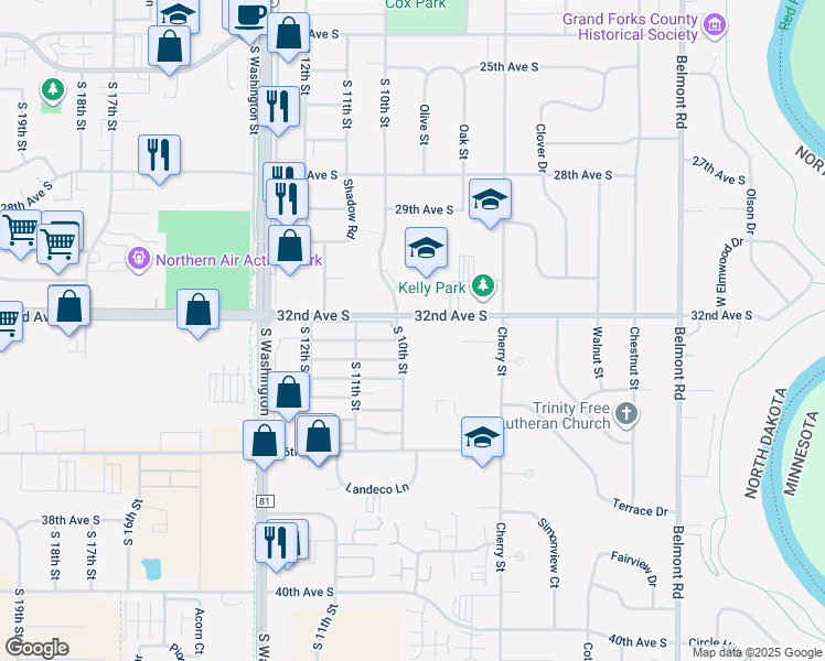 map of restaurants, bars, coffee shops, grocery stores, and more near 921 32nd Avenue South in Grand Forks