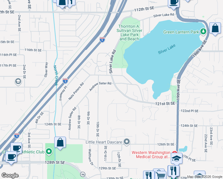 map of restaurants, bars, coffee shops, grocery stores, and more near 1113 120th Street Southeast in Everett