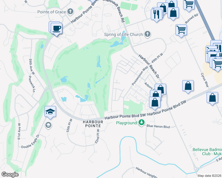 map of restaurants, bars, coffee shops, grocery stores, and more near 11966 Wilmington Way in Mukilteo