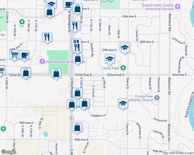 map of restaurants, bars, coffee shops, grocery stores, and more near 108 Adams Avenue in Grand Forks