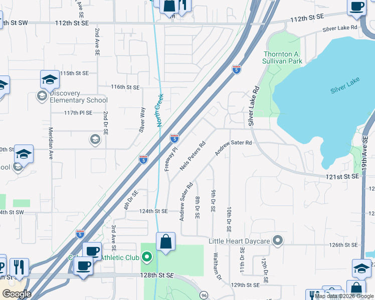 map of restaurants, bars, coffee shops, grocery stores, and more near 12006 Nels Peters Road in Everett