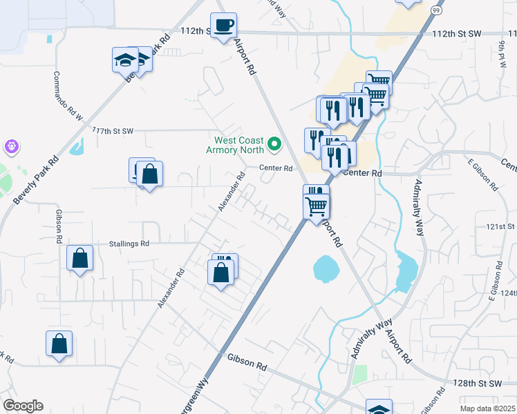 map of restaurants, bars, coffee shops, grocery stores, and more near 11925 Alexander Road in Everett