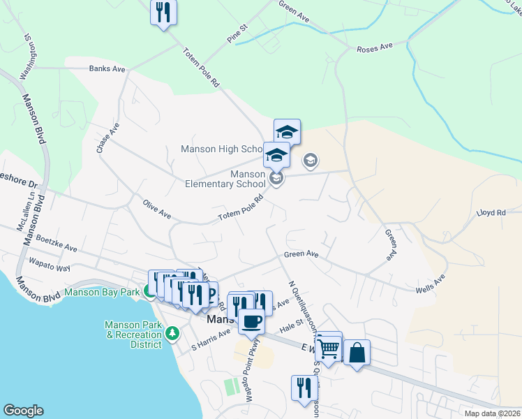 map of restaurants, bars, coffee shops, grocery stores, and more near 830 Totem Pole Road in Manson