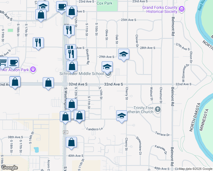 map of restaurants, bars, coffee shops, grocery stores, and more near 921 32nd Avenue South in Grand Forks