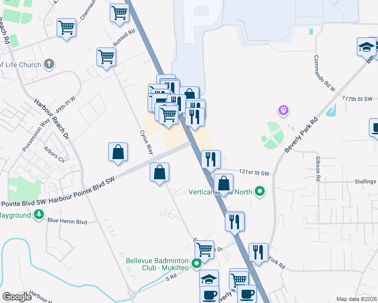 map of restaurants, bars, coffee shops, grocery stores, and more near 3800 Harbour Pointe Boulevard Southwest in Mukilteo