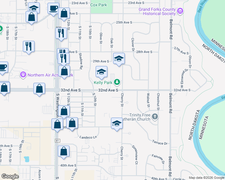 map of restaurants, bars, coffee shops, grocery stores, and more near 800 32nd Avenue South in Grand Forks