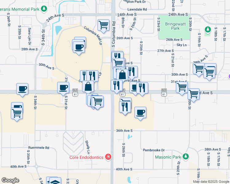 map of restaurants, bars, coffee shops, grocery stores, and more near 3201 South Columbia Road in Grand Forks