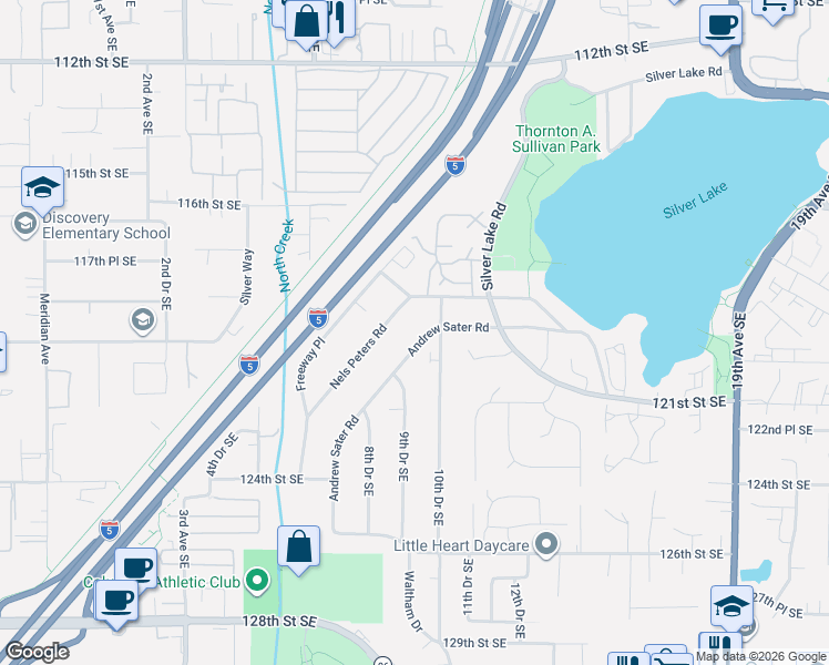 map of restaurants, bars, coffee shops, grocery stores, and more near 11926 Andrew Sater Road in Everett