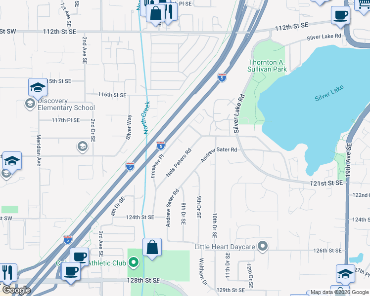 map of restaurants, bars, coffee shops, grocery stores, and more near 12006 Nels Peters Road in Everett