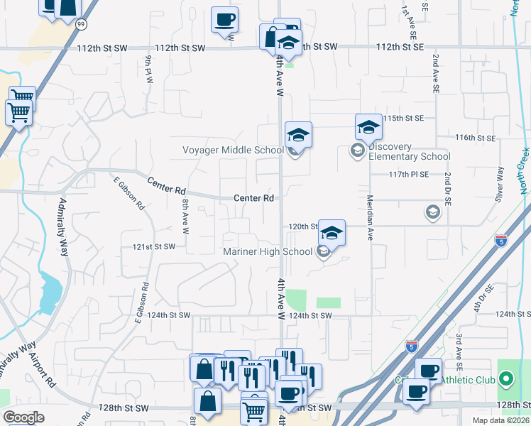 map of restaurants, bars, coffee shops, grocery stores, and more near 411 Center Road in Everett