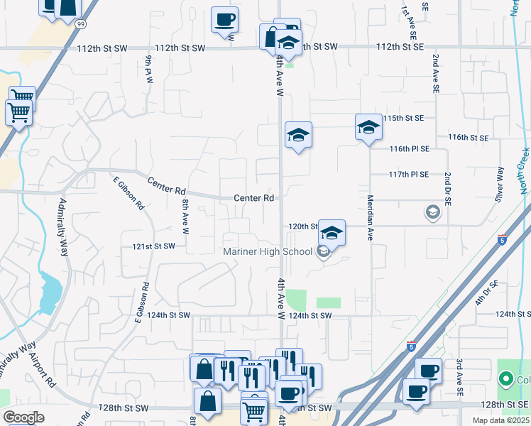 map of restaurants, bars, coffee shops, grocery stores, and more near 412 Center Road in Everett