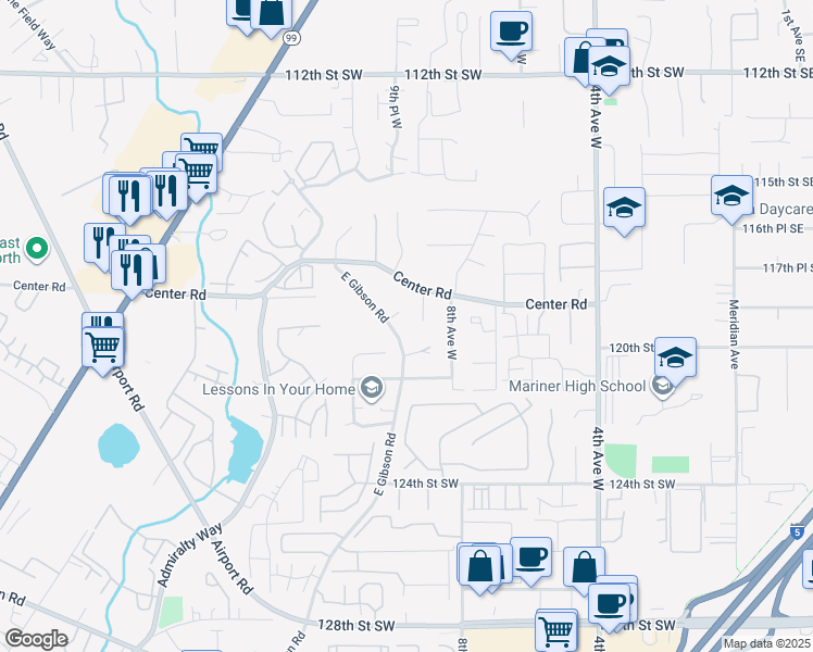 map of restaurants, bars, coffee shops, grocery stores, and more near 11829 East Gibson Road in Everett