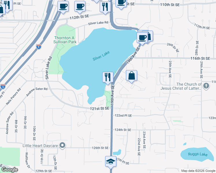 map of restaurants, bars, coffee shops, grocery stores, and more near 11830 19th Avenue Southeast in Everett