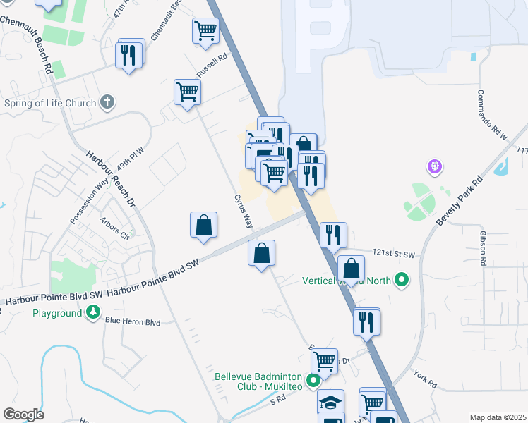 map of restaurants, bars, coffee shops, grocery stores, and more near 11700 Mukilteo Speedway in Mukilteo