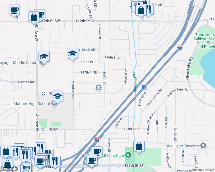 map of restaurants, bars, coffee shops, grocery stores, and more near 215 119th Street Southeast in Everett