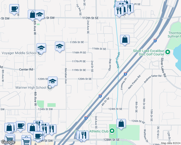 map of restaurants, bars, coffee shops, grocery stores, and more near 215 119th Street Southeast in Everett