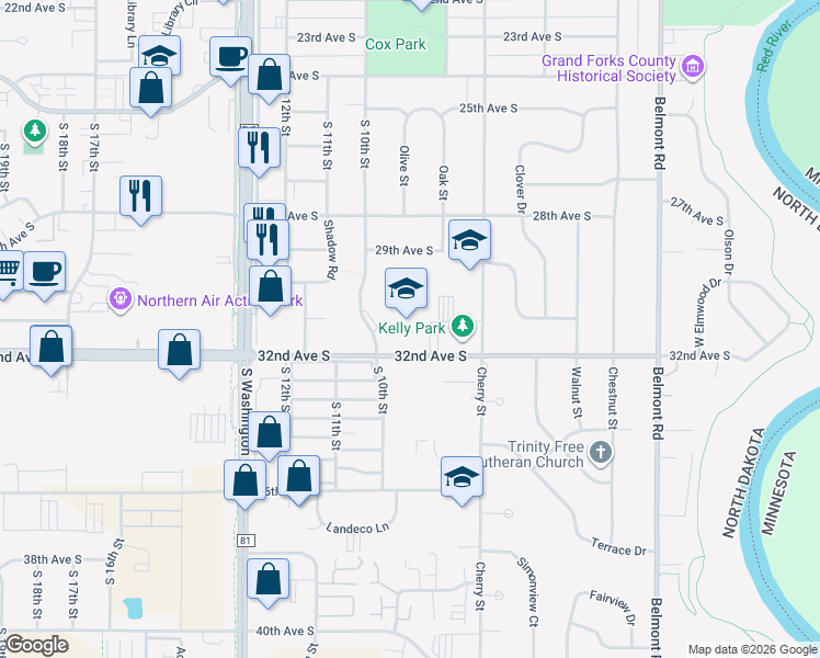 map of restaurants, bars, coffee shops, grocery stores, and more near 800 32nd Avenue South in Grand Forks