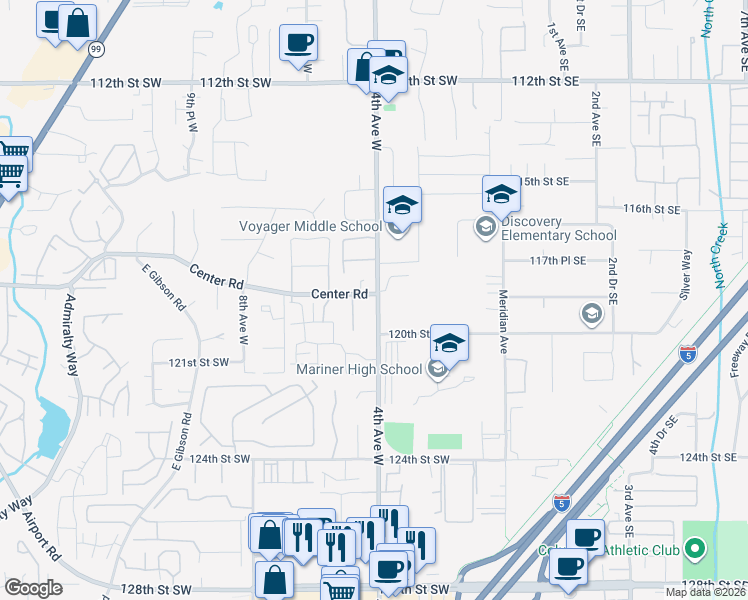 map of restaurants, bars, coffee shops, grocery stores, and more near 411 Center Road in Everett
