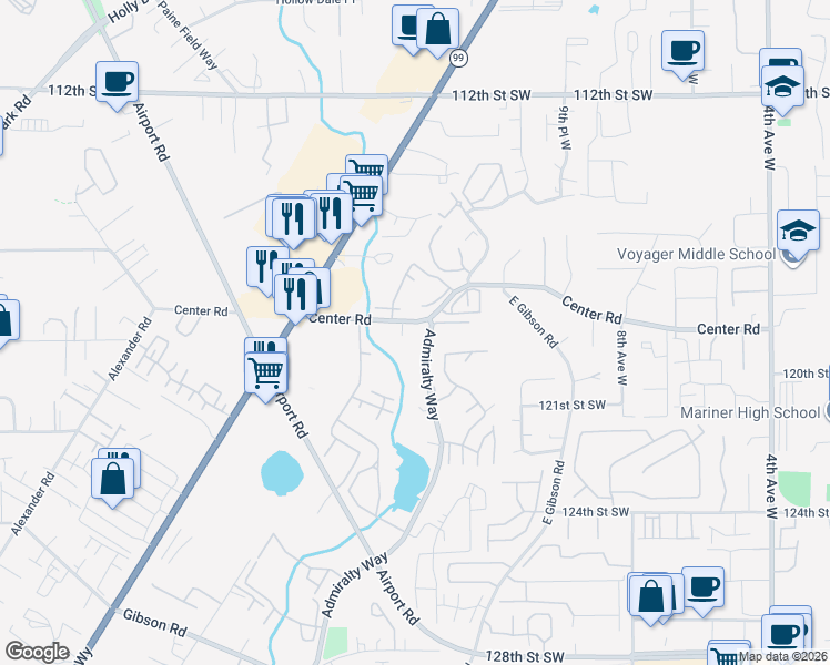map of restaurants, bars, coffee shops, grocery stores, and more near 1414 Center Road in Everett