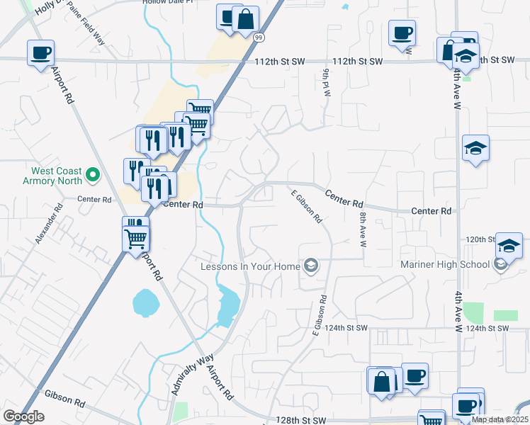 map of restaurants, bars, coffee shops, grocery stores, and more near 12121 Admiralty Way in Everett