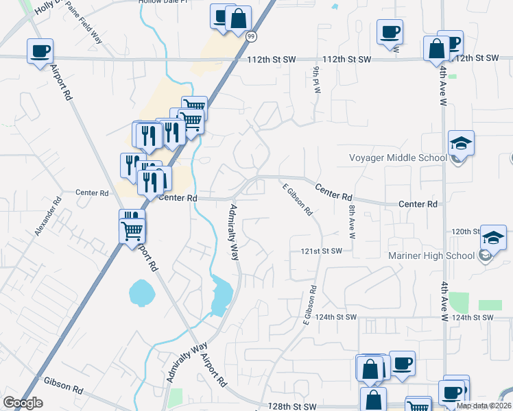 map of restaurants, bars, coffee shops, grocery stores, and more near 12121 Admiralty Way in Everett