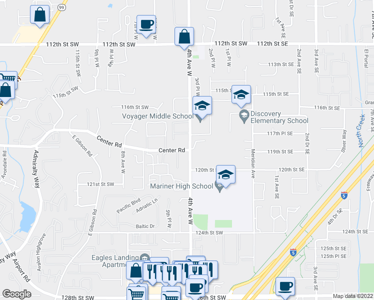 map of restaurants, bars, coffee shops, grocery stores, and more near 411 Center Rd in Everett