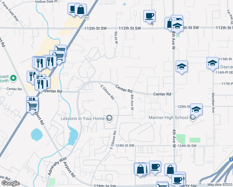 map of restaurants, bars, coffee shops, grocery stores, and more near 11829 East Gibson Road in Everett