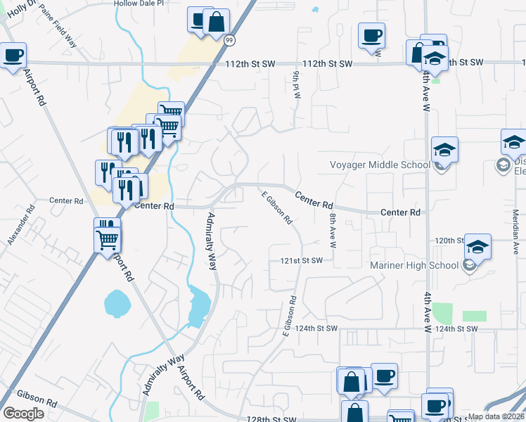 map of restaurants, bars, coffee shops, grocery stores, and more near 11812 East Gibson Road in Everett