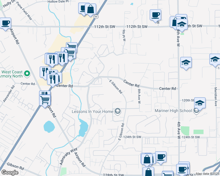 map of restaurants, bars, coffee shops, grocery stores, and more near 11812 East Gibson Road in Everett