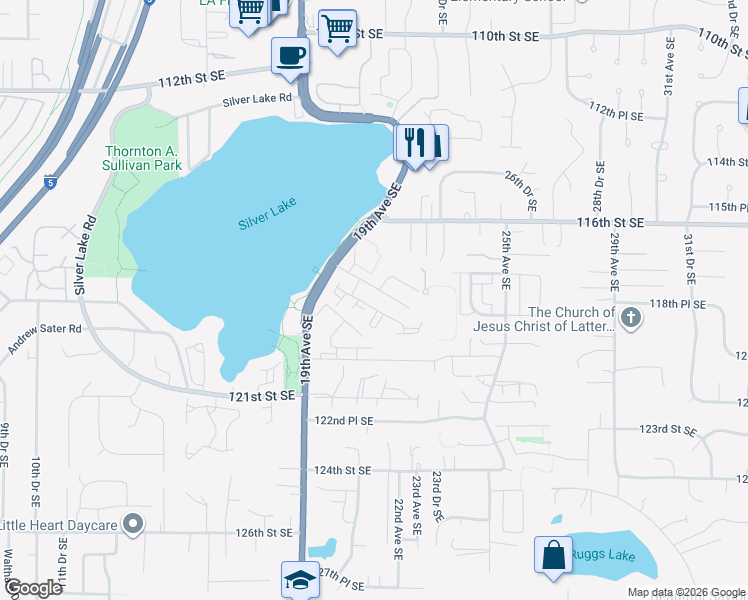 map of restaurants, bars, coffee shops, grocery stores, and more near 2112 Lake Heights Drive in Everett