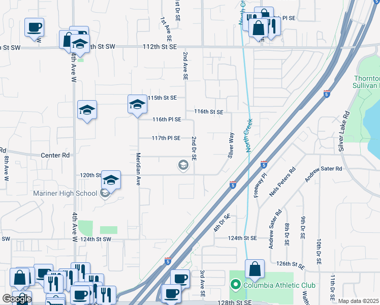 map of restaurants, bars, coffee shops, grocery stores, and more near 215 119th Street Southeast in Everett