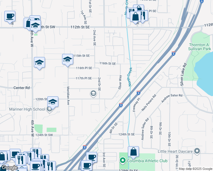 map of restaurants, bars, coffee shops, grocery stores, and more near 319 119th Street Southeast in Everett