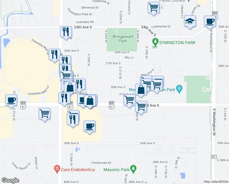 map of restaurants, bars, coffee shops, grocery stores, and more near 206 31st Avenue South in Grand Forks