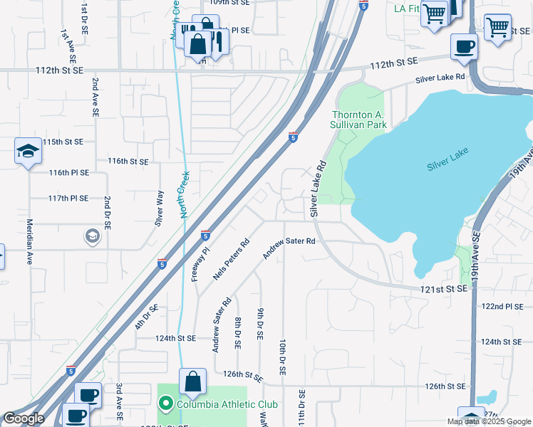 map of restaurants, bars, coffee shops, grocery stores, and more near 11622 Silver Lake Road in Everett