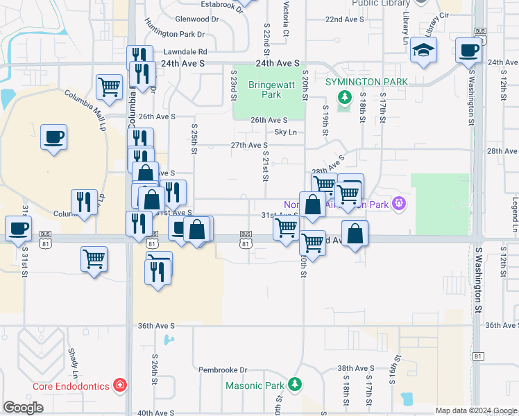 map of restaurants, bars, coffee shops, grocery stores, and more near 206 31st Avenue South in Grand Forks