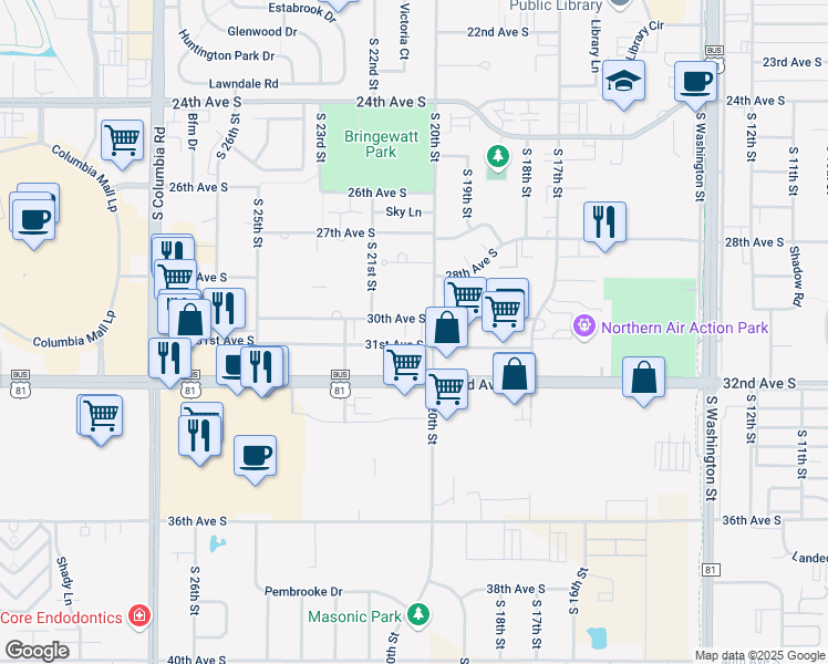 map of restaurants, bars, coffee shops, grocery stores, and more near 2049 30th Avenue South in Grand Forks
