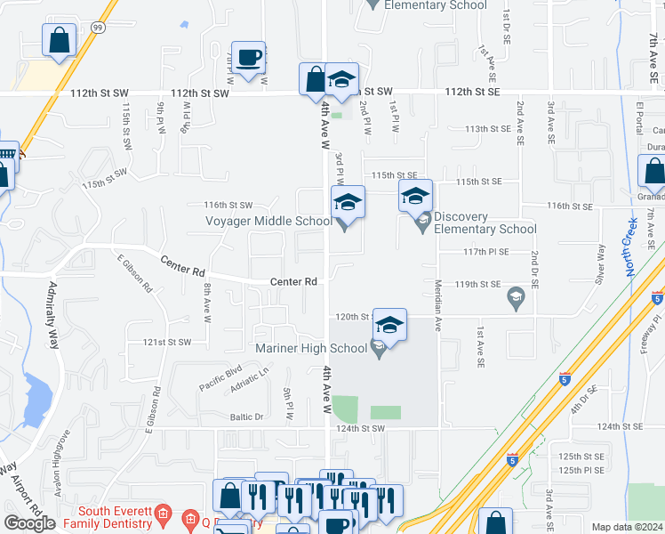 map of restaurants, bars, coffee shops, grocery stores, and more near 11825 4th Avenue West in Everett