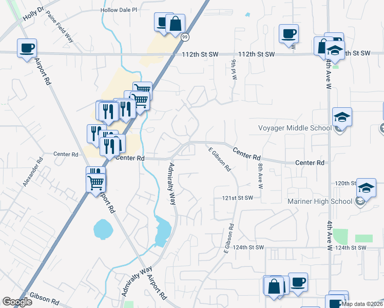 map of restaurants, bars, coffee shops, grocery stores, and more near 12121 Admiralty Way in Everett