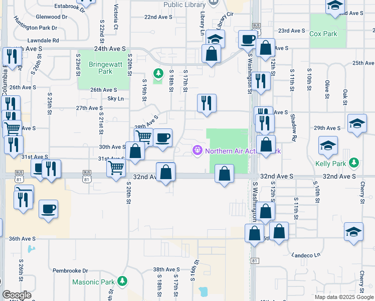 map of restaurants, bars, coffee shops, grocery stores, and more near 3101 South 17th Street in Grand Forks