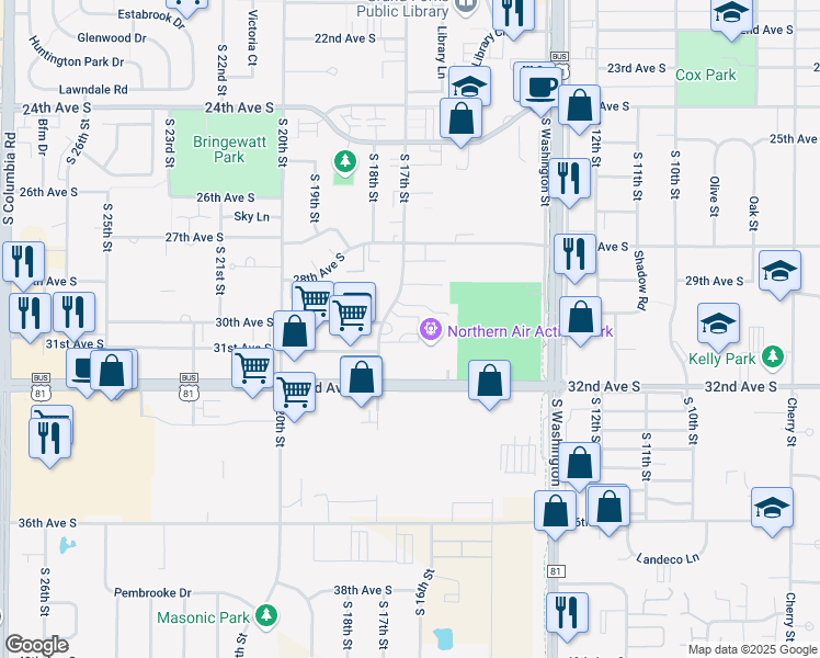 map of restaurants, bars, coffee shops, grocery stores, and more near 3101 South 17th Street in Grand Forks